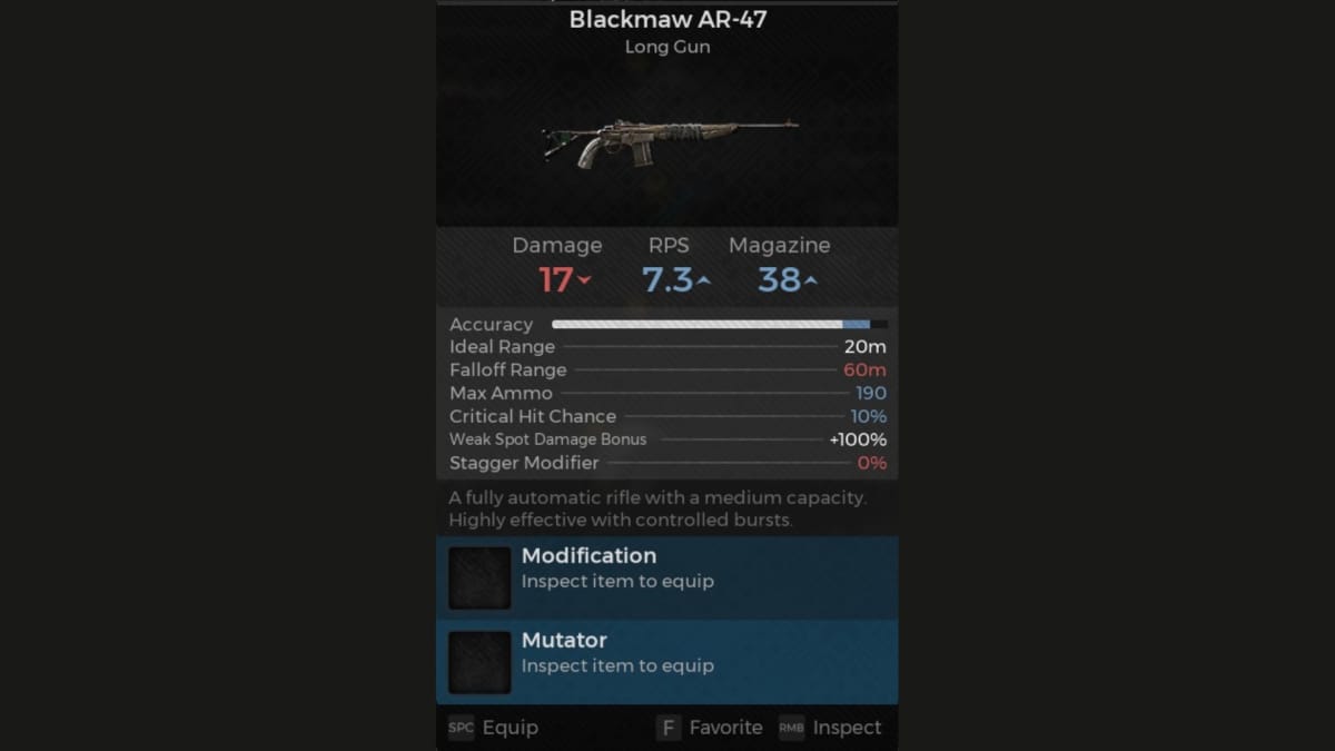 Blackmaw AR-47 screenshot of weapon panel from Remnant 2