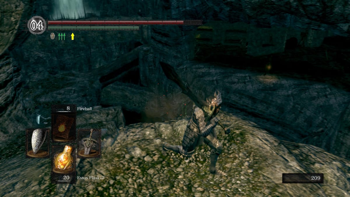 An in-game screenshot of Dark Souls, showcasing the player character in Black Knight armor attempting to dodge several skeletons, and a necromancer shooting fireballs on the other side of a deep ravine.