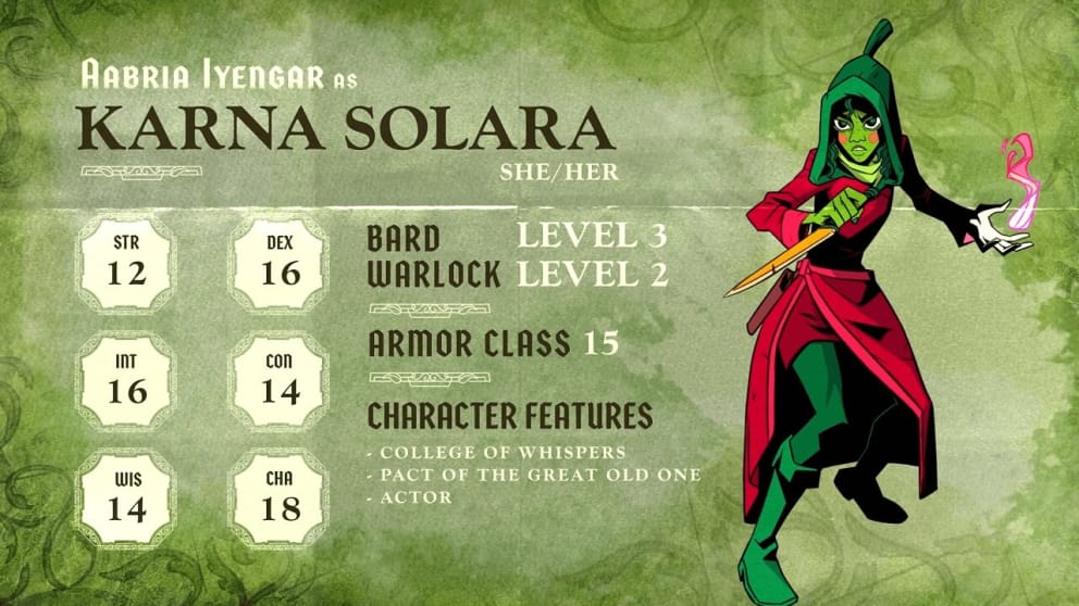 Karna Solara and her stat block from Dimension20: The Ravening War