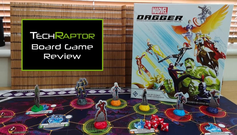 Marvel D.A.G.G.E.R. displayed with various tabletop pieces on the board, as well as the box art depicting famous Marvel heroes.