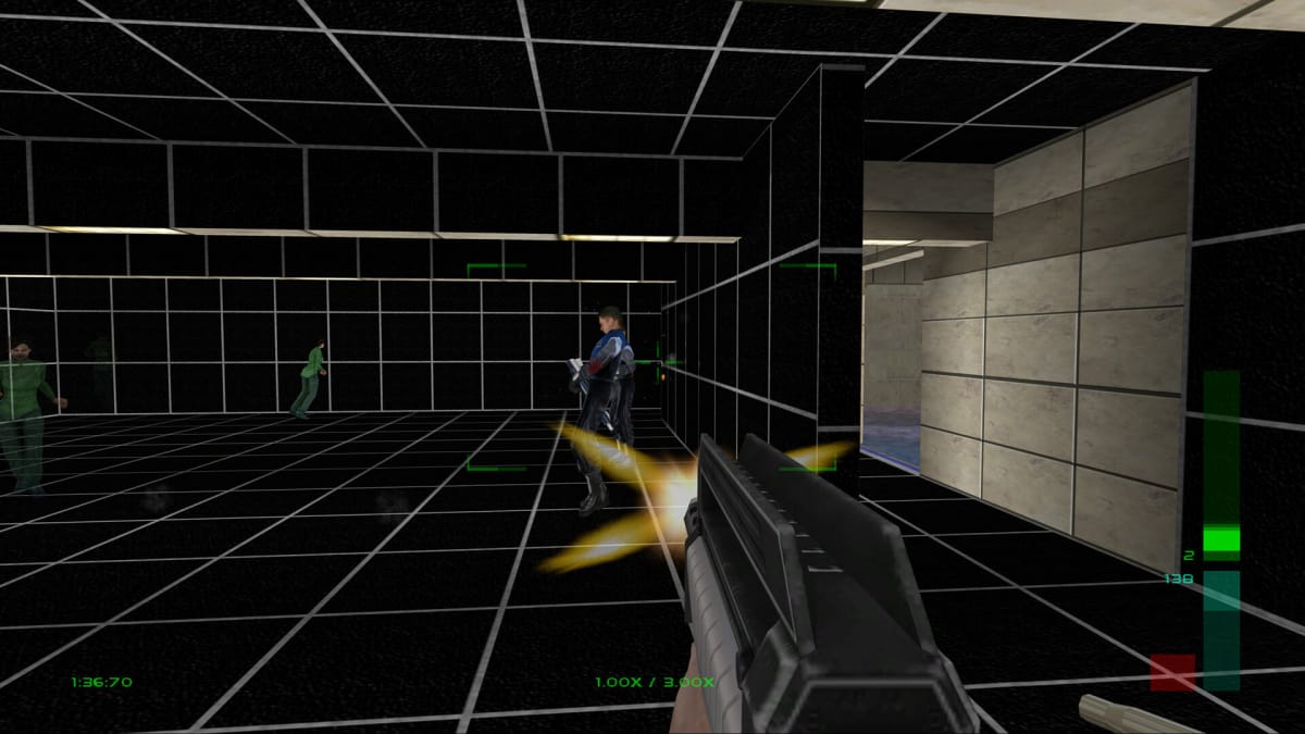 An in-game screenshot of Perfect Dark, showcasing the player character inside a holographic projection room, with several Datadyne guards preparing to shoot Carrington Institute employees.