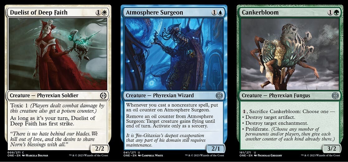 Phyrexia: All Will Be One Cards Duelist of the Deep Faith, Atmosphere Surgeon, and Cankerbloom