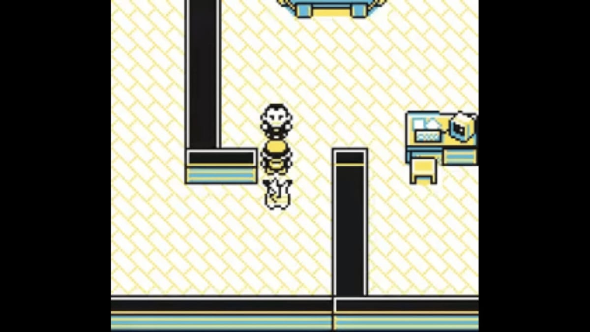 An in-game screenshot of Pokemon Yellow, showcasing the player and his companion Pikachu preparing to face off against Giovanni inside Silph Co.'s board room.