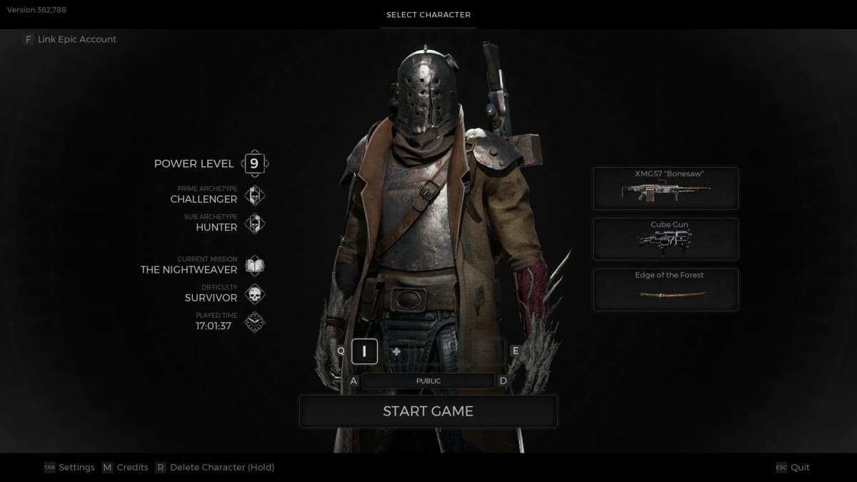 Remnant 2 Screenshot of main save menu showing a man in post apocalyptic garb with heavy weapons and armor