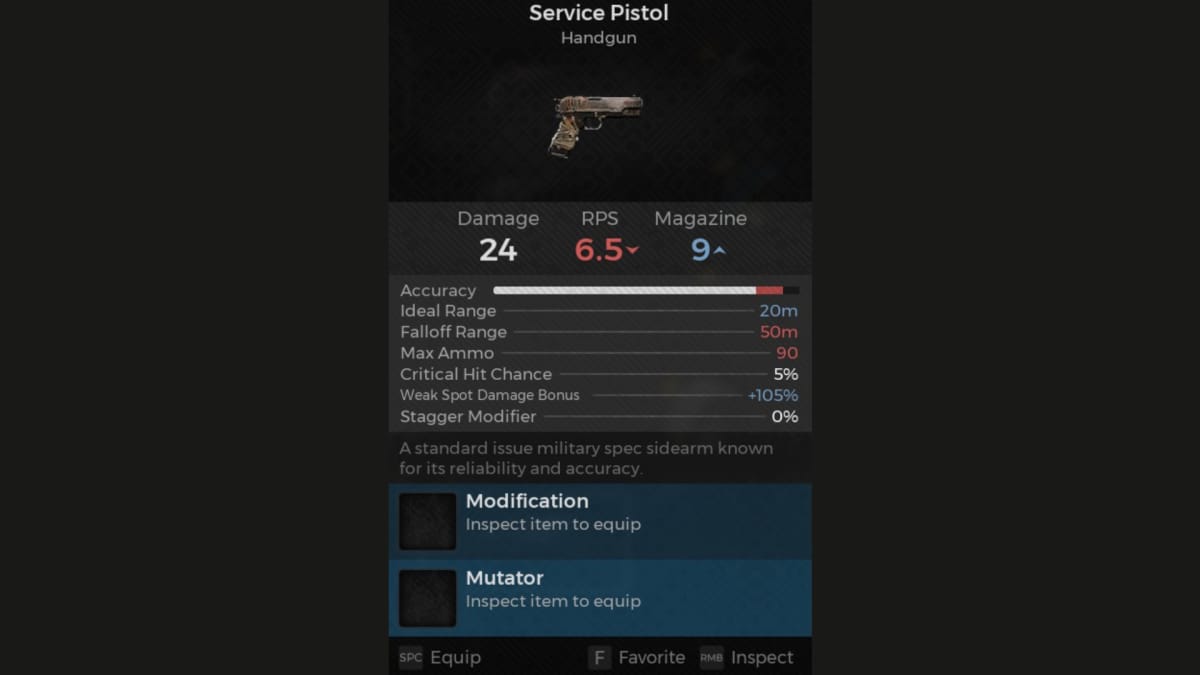 Service Pistol screenshot of weapon panel from Remnant 2