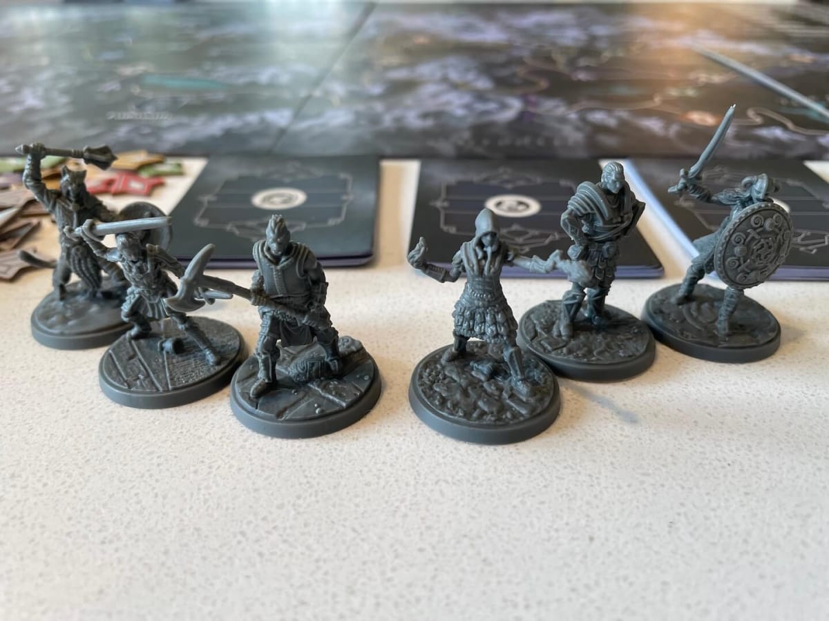 A photo of the six miniatures included in Skyrim The Adventure Game