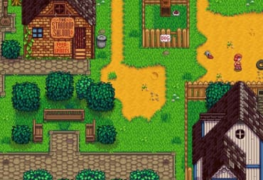 Stardew Valley Screenshot showing a brightly-colored pixel-art town with bright green grass and yellow firt paths everywhere. There are several houses in the image, as well as fences and natural features like trees and bushes. 