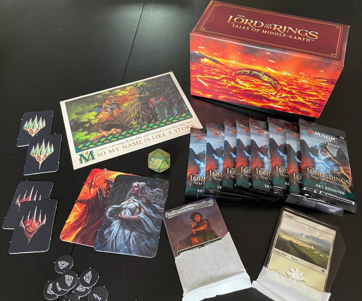 An image of the MTG Tales of Middle-earth bundle, containing booster packs and more